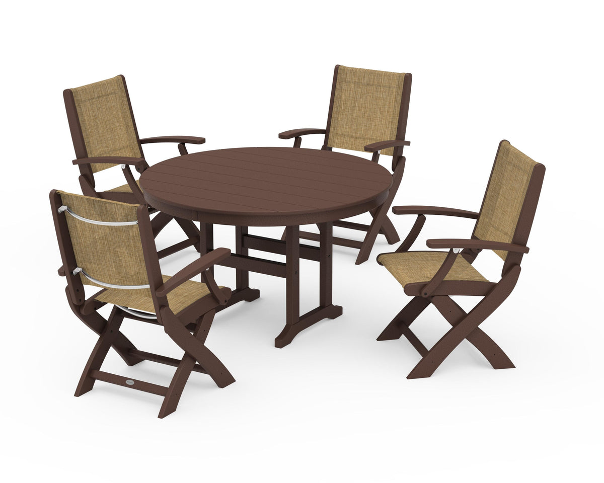 POLYWOOD Coastal Folding Chair 5-Piece Round Dining Set in Mahogany / Burlap