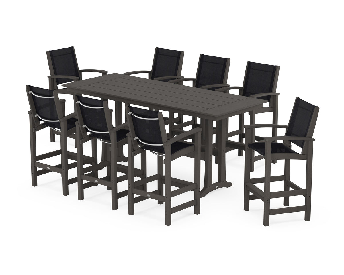 POLYWOOD Coastal 9-Piece Farmhouse Bar Set with Trestle Legs in Vintage Coffee / Black