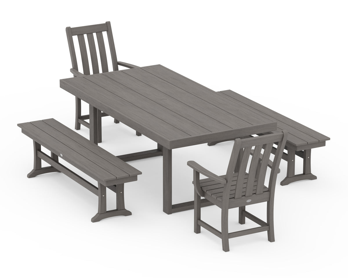 POLYWOOD Vineyard 5-Piece Dining Set with Benches - 39" x 78" Table in Driftwood