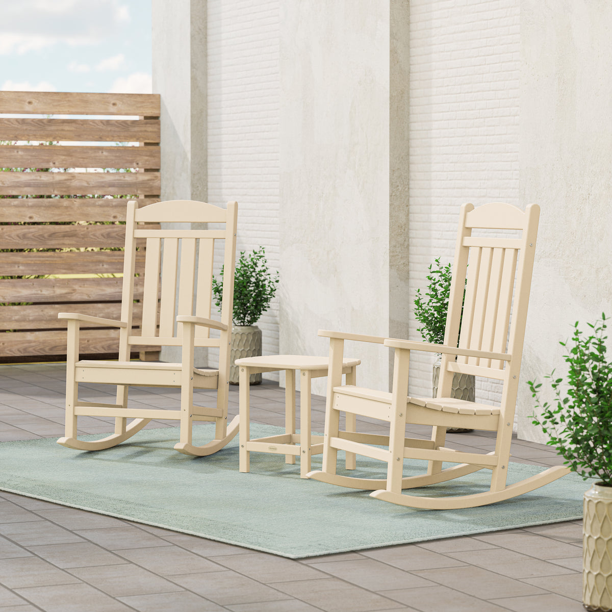 POLYWOOD Presidential 3-Piece Rocking Chair Set with 18" South Beach Side Table in Sand styled outdoors