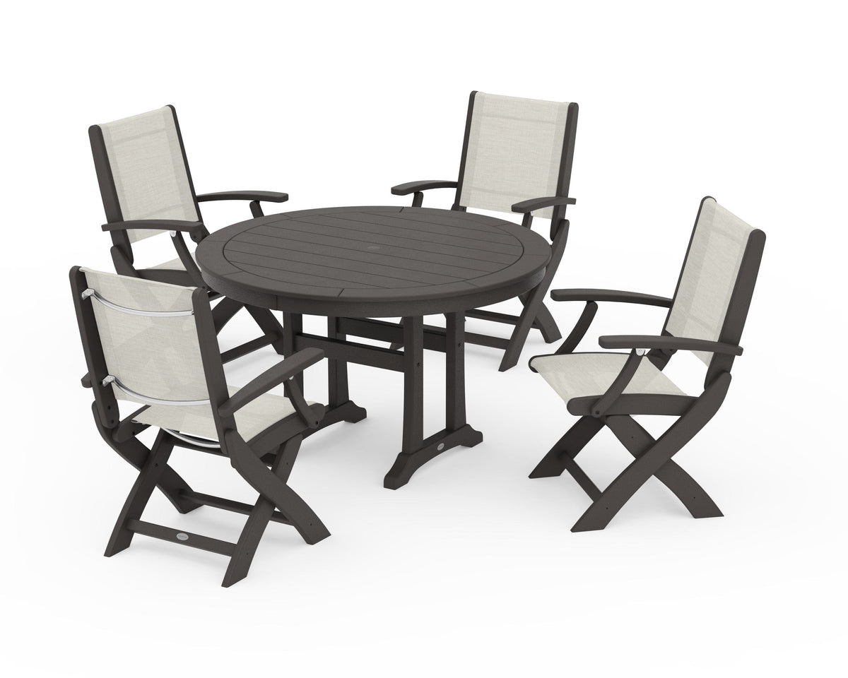 POLYWOOD Coastal Folding Chair 5-Piece Round Dining Set with Trestle Legs in Vintage Coffee / Parchment