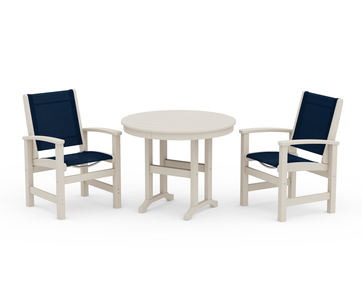 POLYWOOD Coastal 3-Piece Round Dining Set in Sand / Navy Blue