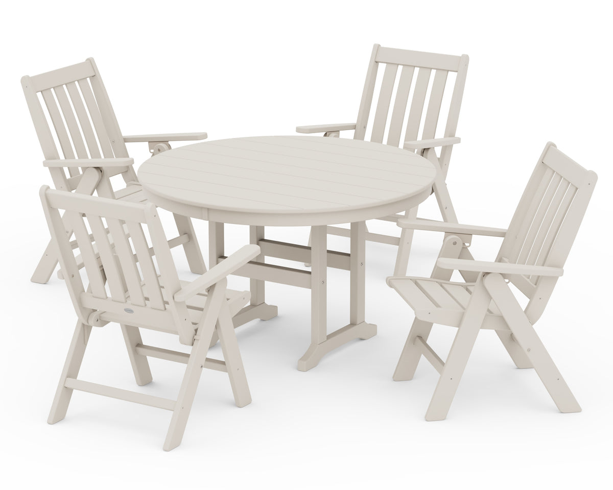 POLYWOOD Vineyard Folding Chair 5-Piece Round Farmhouse Dining Set in Sand
