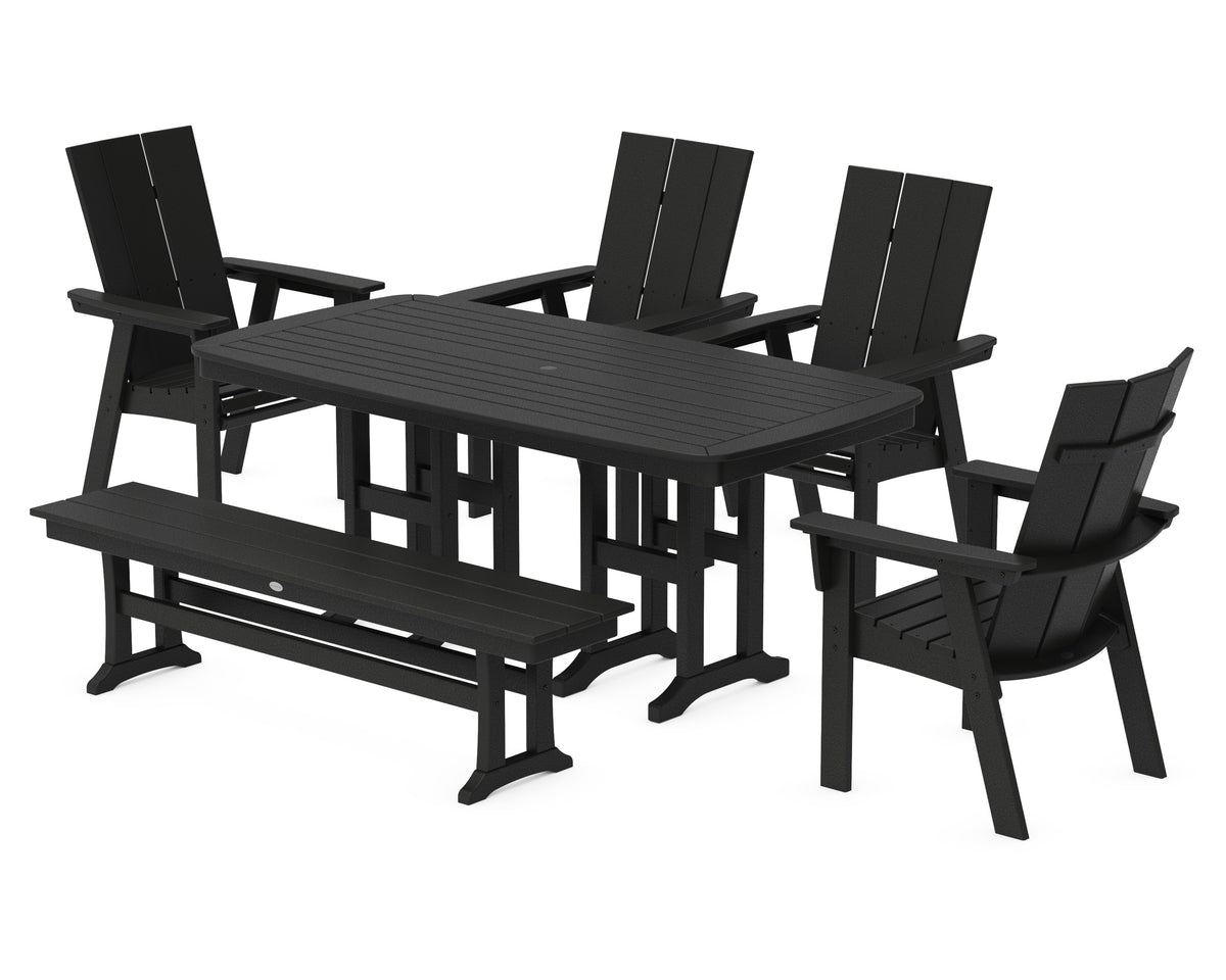 POLYWOOD Modern Curveback Adirondack 6-Piece Dining Set with Bench in Black