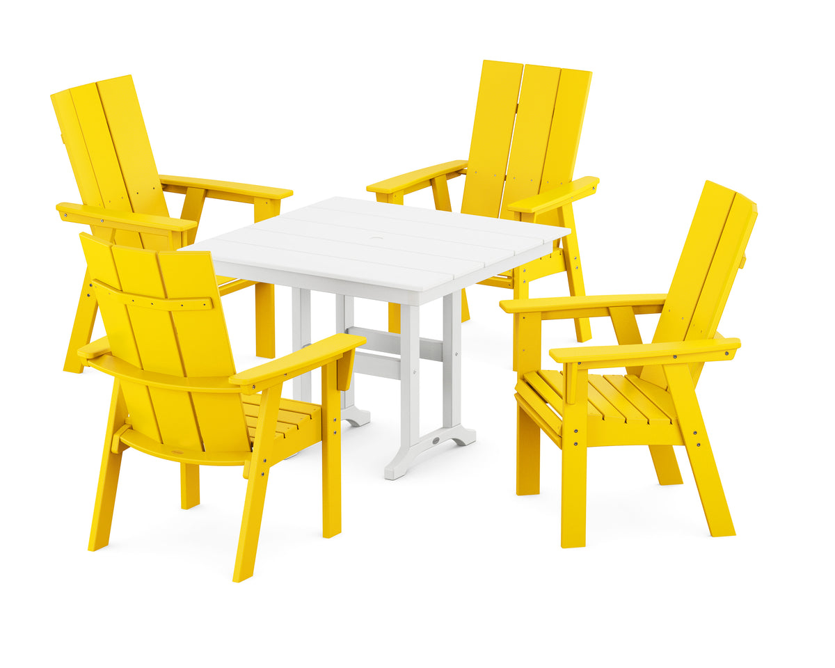POLYWOOD Modern Curveback Adirondack 5-Piece Farmhouse Dining Set in Lemon / White