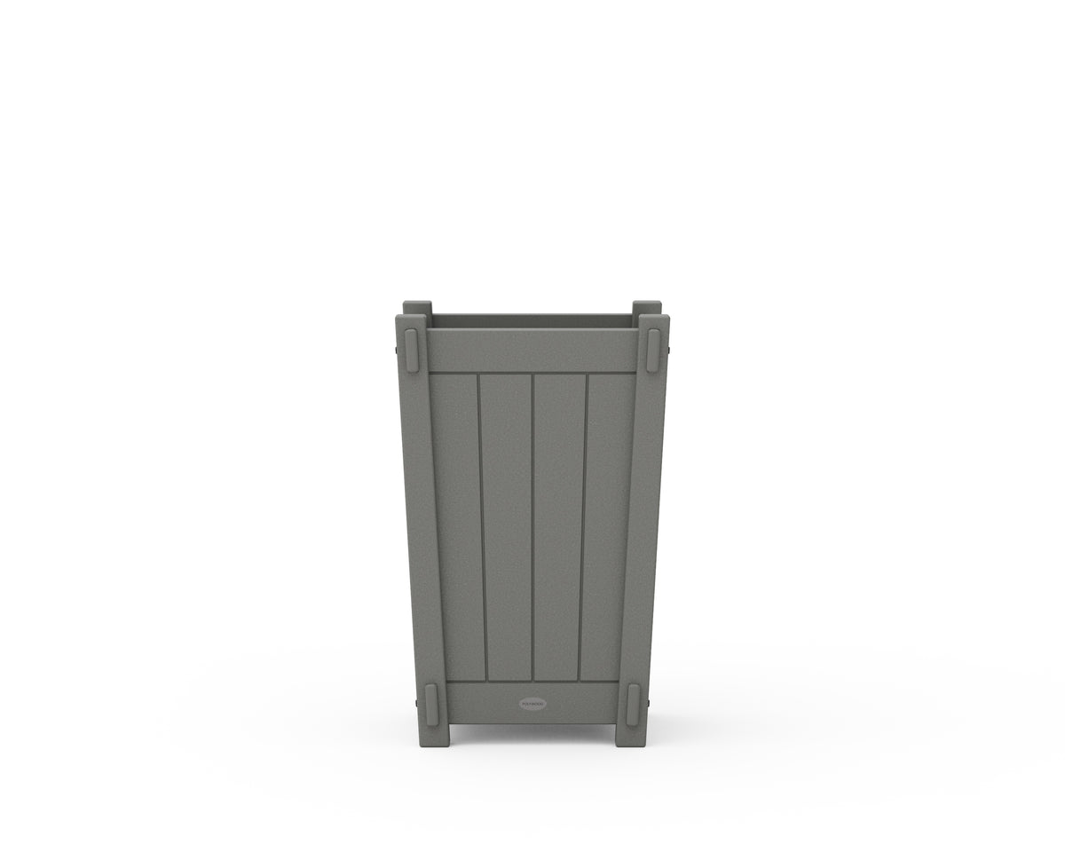Angled view of the POLYWOOD Vineyard Tapered Square Short Planter Box in Slate Grey