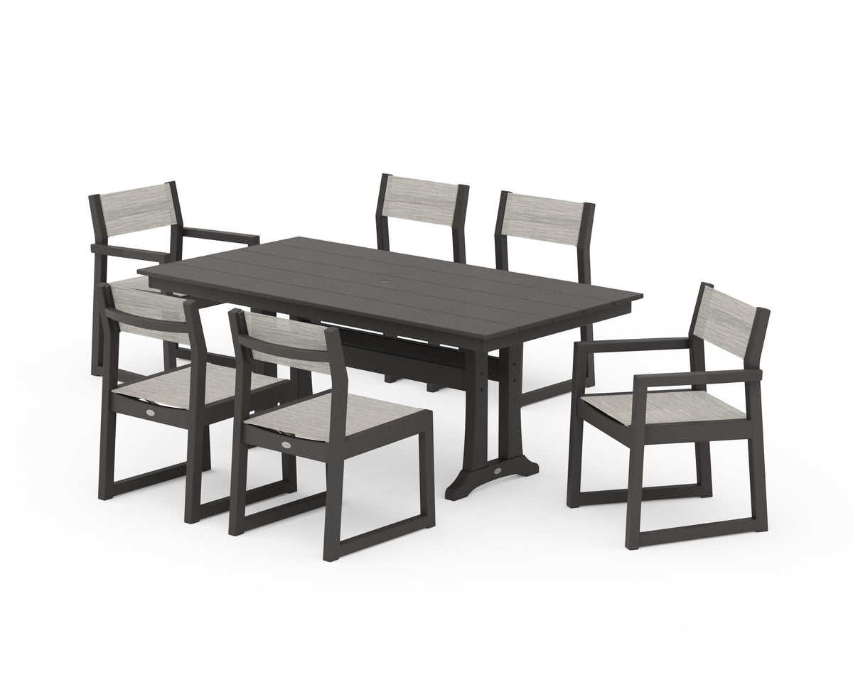 POLYWOOD EDGE Sling 7-Piece Farmhouse Trestle Dining Set in Vintage Coffee / Birch