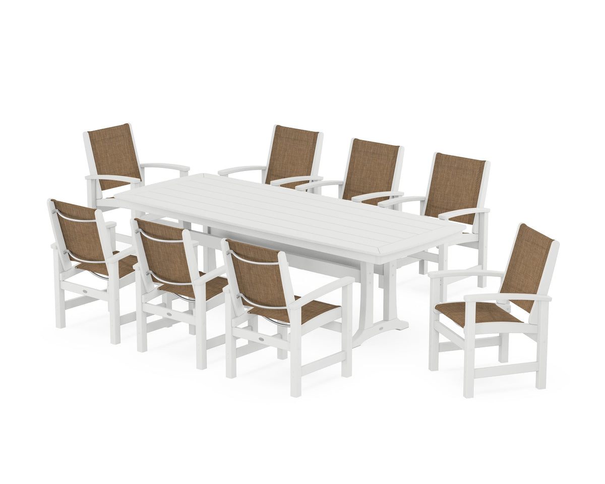 POLYWOOD Coastal 9-Piece Dining Set with Trestle Legs in White / Burlap