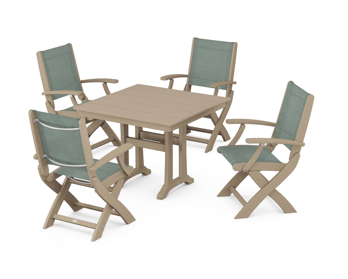 POLYWOOD Coastal Folding Chair 5-Piece Farmhouse Dining Set With Trestle Legs in Vintage Sahara / Dupioni Sea Mist