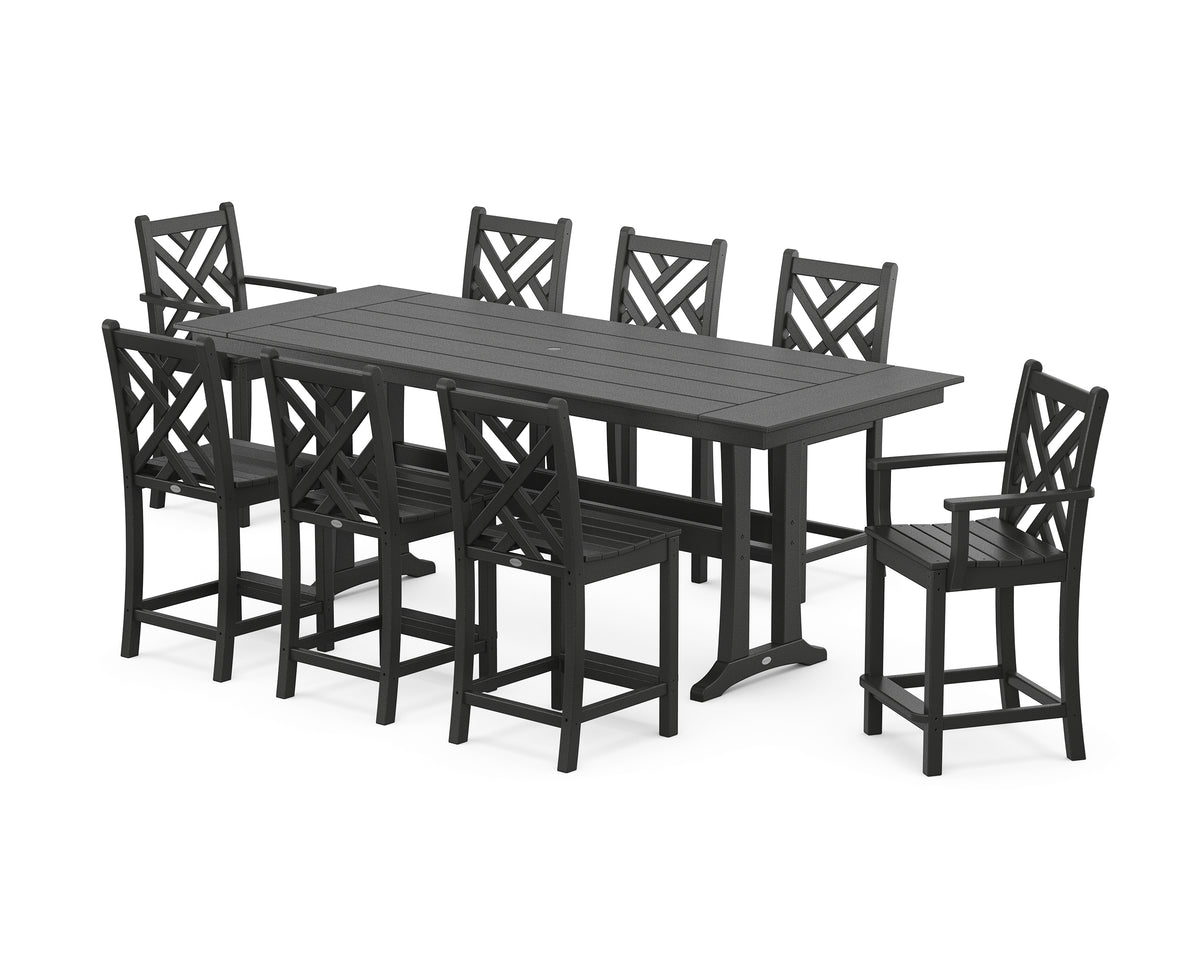 POLYWOOD Chippendale 9-Piece Farmhouse Counter Set with Trestle Legs in Black