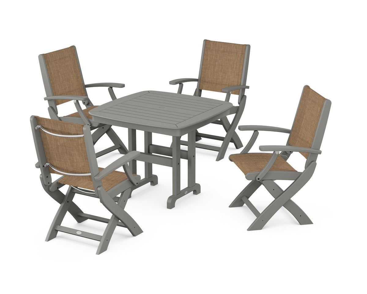 POLYWOOD Coastal Folding Chair 5-Piece Dining Set with Nautical 37" Dining Table in Slate Grey / Burlap