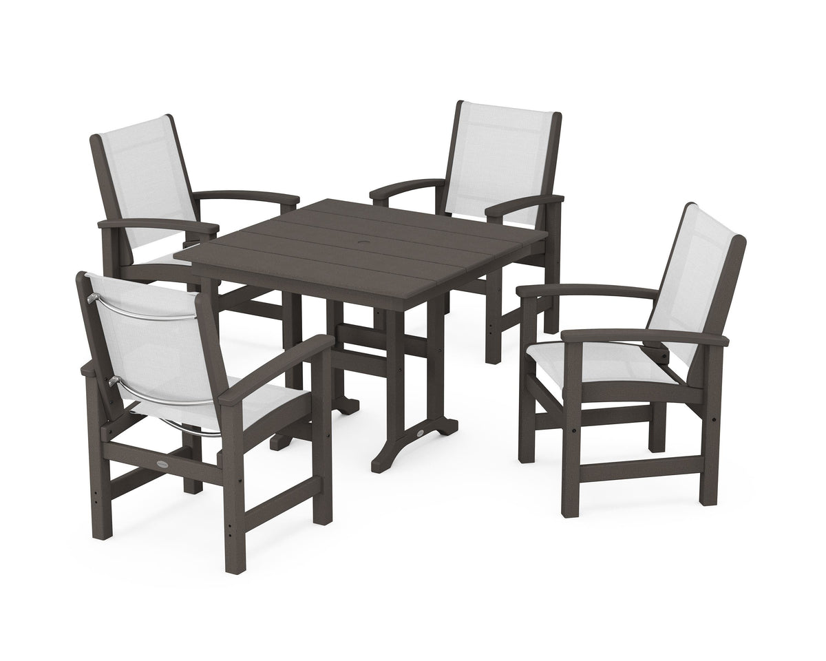 POLYWOOD Coastal 5-Piece Farmhouse Dining Set with Farmhouse 37" Dining Table in Vintage Coffee / White