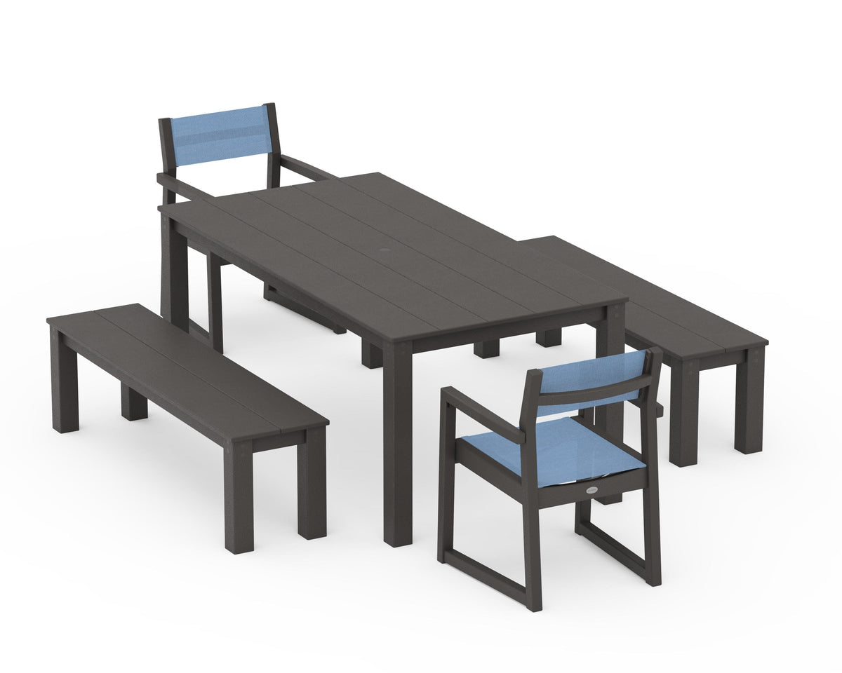 POLYWOOD EDGE Sling Arm Chair 5-Piece Parsons Dining Set with Benches in Vintage Coffee / Poolside