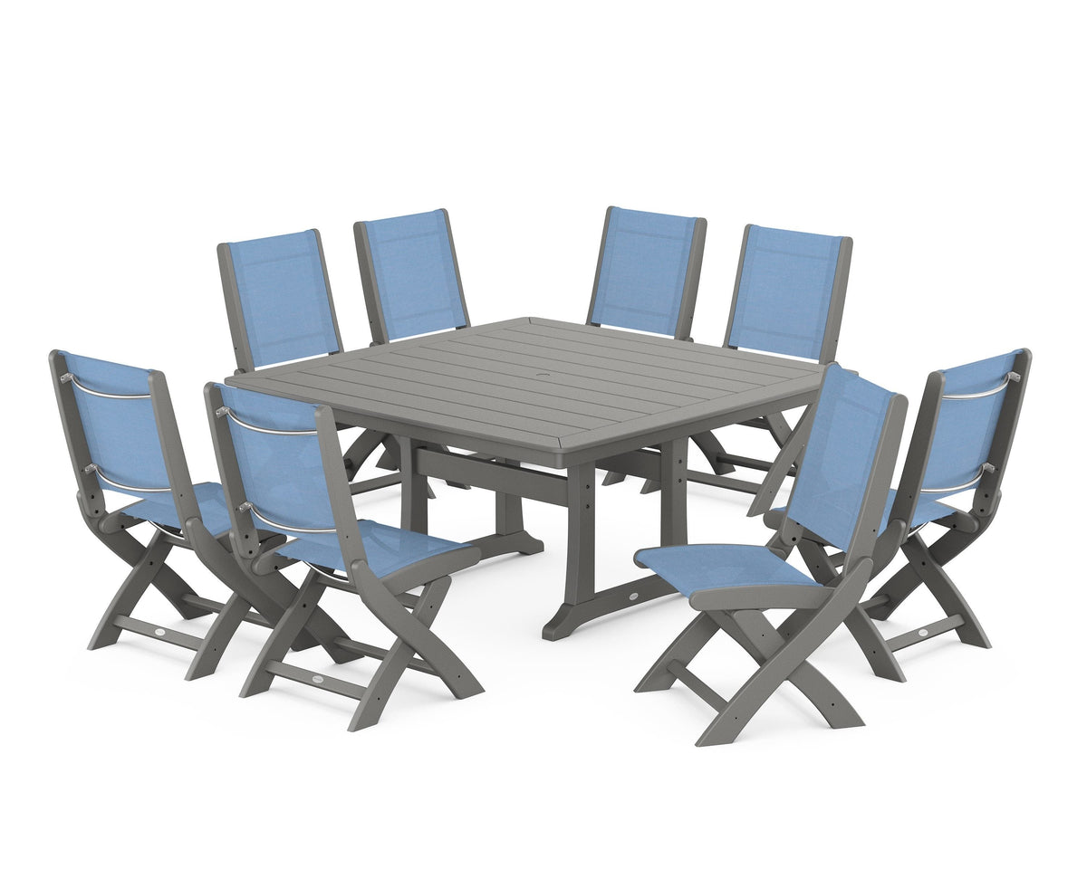 POLYWOOD Coastal Folding Side Chair 9-Piece Dining Set with Trestle Legs in Slate Grey / Poolside