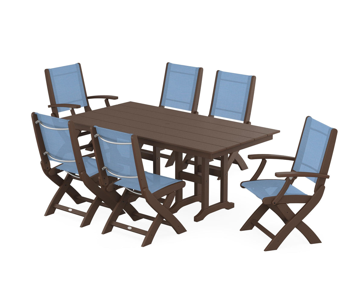 POLYWOOD Coastal Folding Chair 7-Piece Farmhouse Dining Set in Mahogany / Poolside