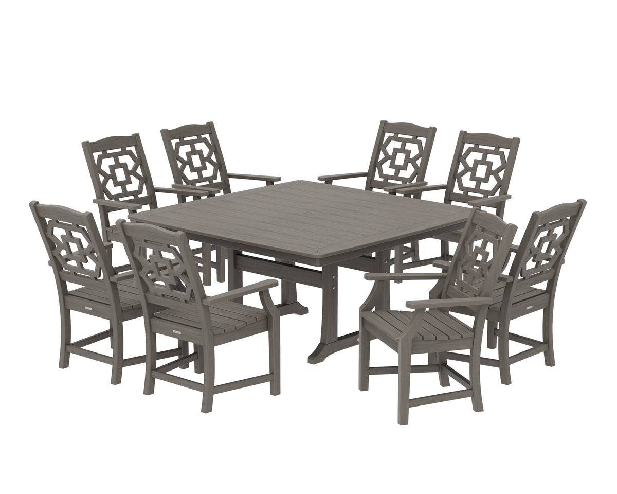 POLYWOOD Chinoiserie 9-Piece Square Dining Set with Trestle Legs in Driftwood