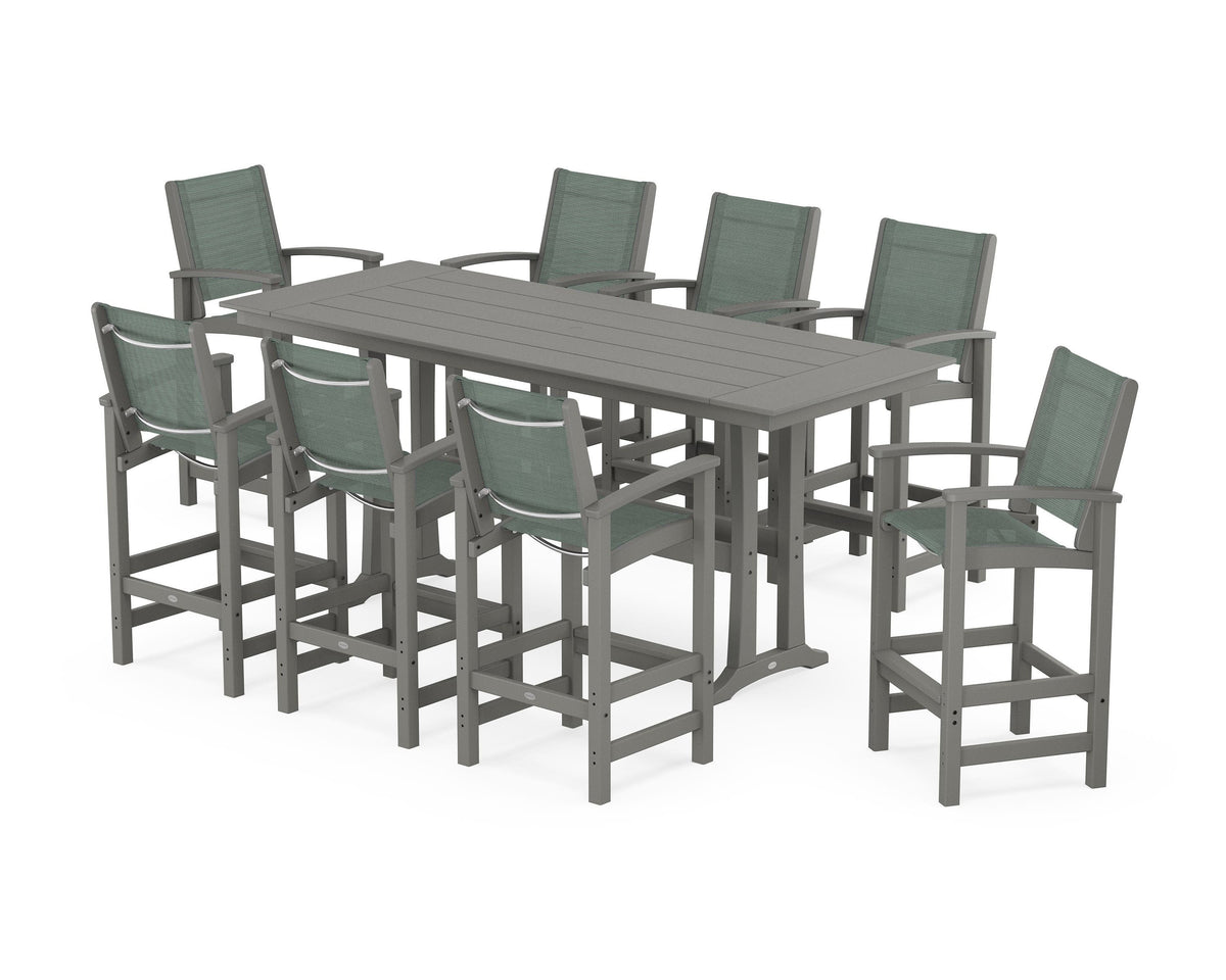 POLYWOOD Coastal 9-Piece Farmhouse Bar Set with Trestle Legs in Slate Grey / Dupioni Sea Mist