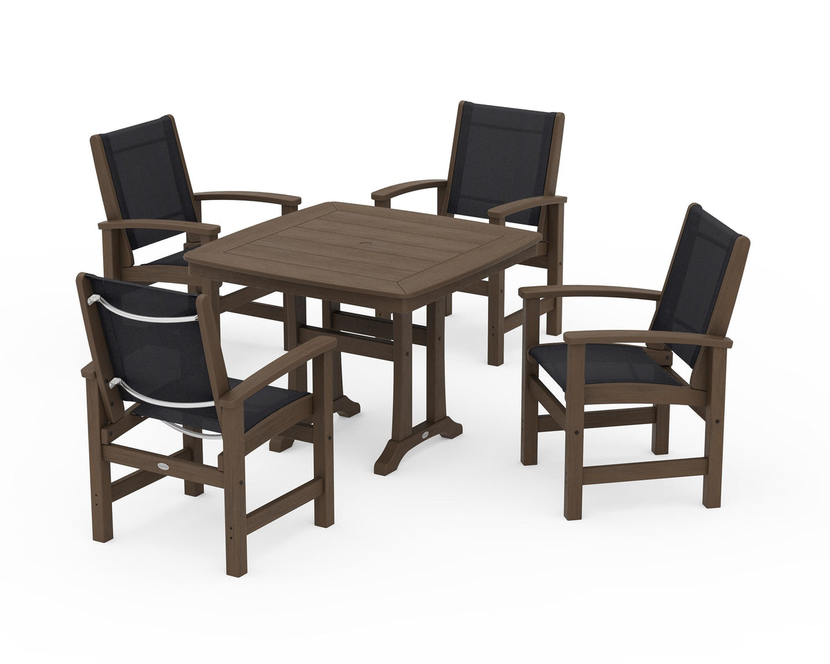 POLYWOOD Coastal 5-Piece Dining Set with Trestle Legs with Nautical Trestle 37" Dining Table in Kona / Black