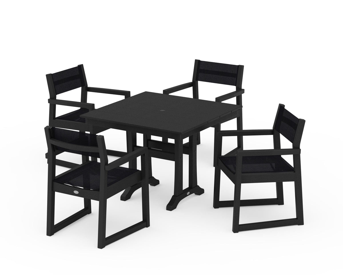 POLYWOOD EDGE Sling 5-Piece Farmhouse Dining Set with Trestle Legs in Black / Black