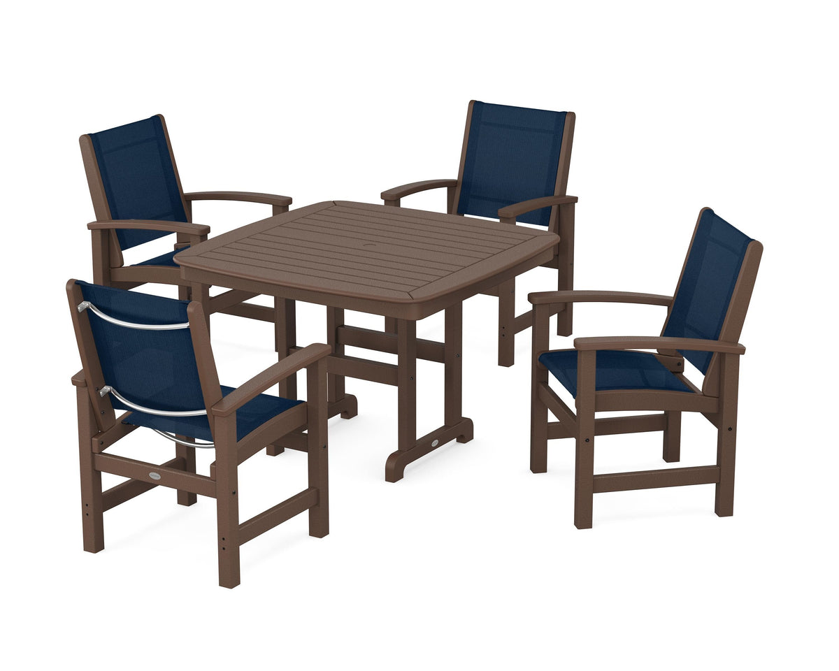 POLYWOOD Coastal 5-Piece Dining Set with Nautical 44" Dining Table in Mahogany / Navy Blue