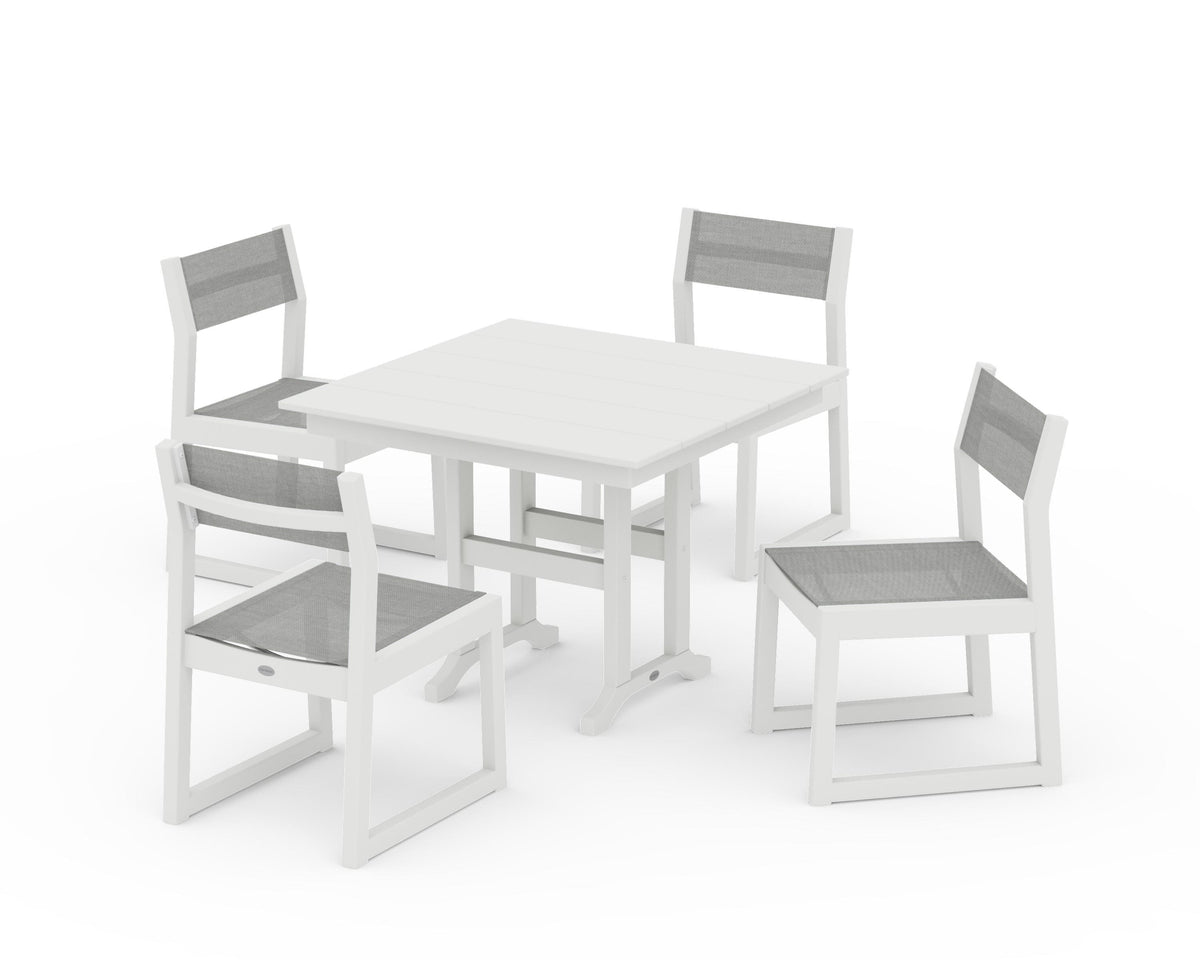 POLYWOOD EDGE Sling Side Chair 5-Piece Farmhouse Dining Set in Vintage White / Metallic