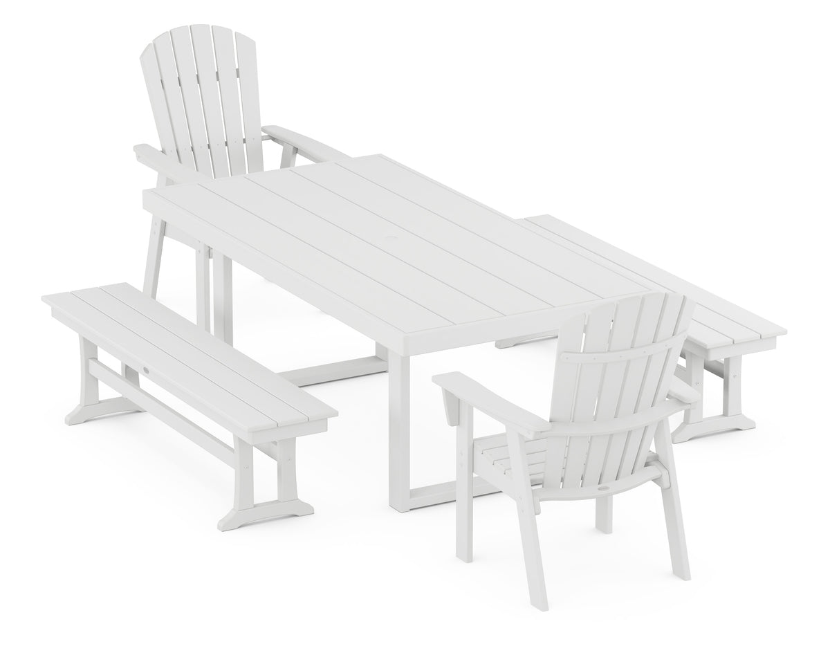 POLYWOOD Nautical Curveback Adirondack 5-Piece Dining Set with Benches - 39" x 78" Table in White