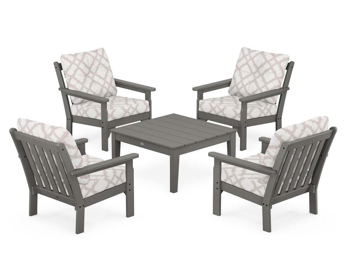 POLYWOOD Vineyard 5-Piece Deep Seating Conversation Set in Slate Grey / Trellis Dune Burlap
