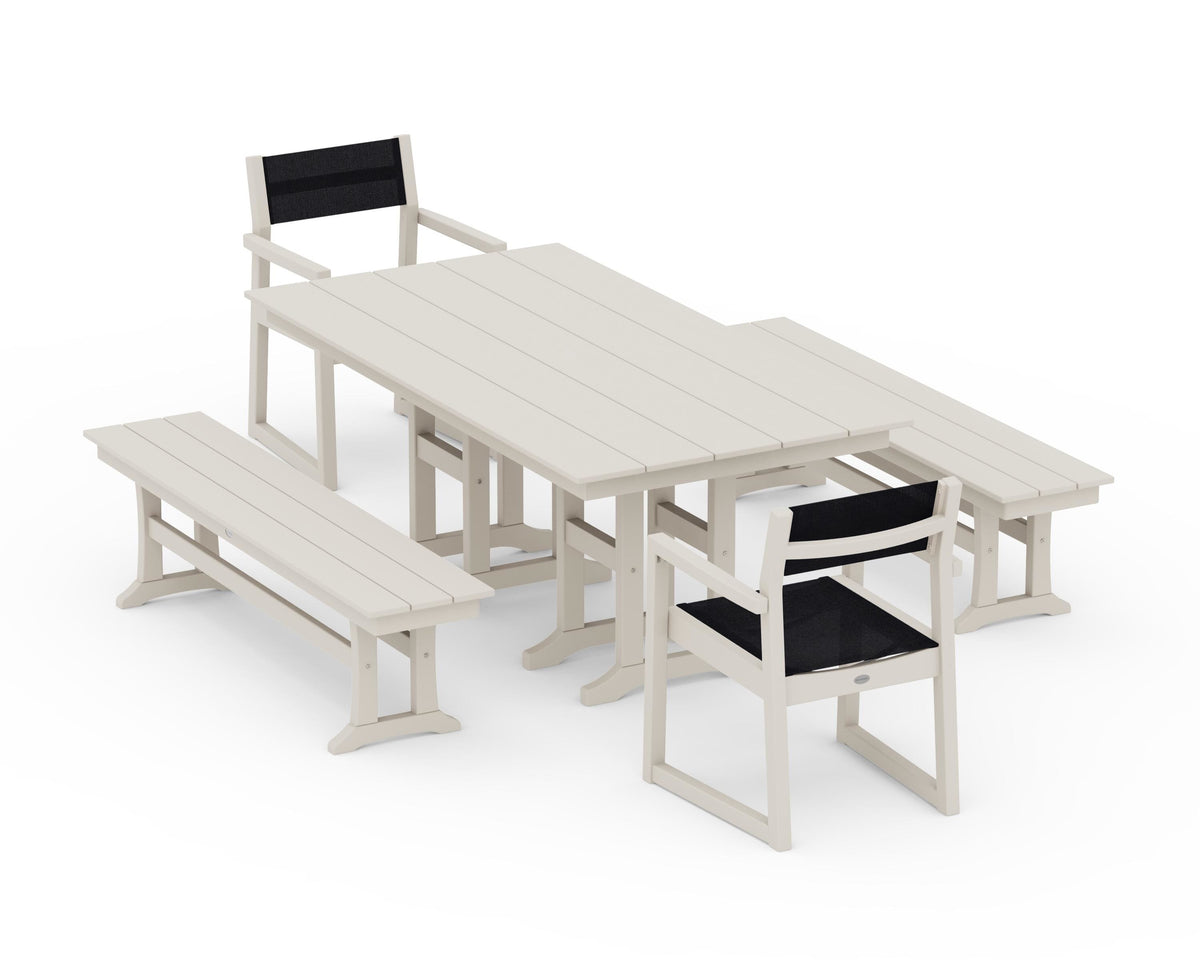 POLYWOOD EDGE Sling Arm Chair 5-Piece Farmhouse Dining Set with Benches in Sand / Black
