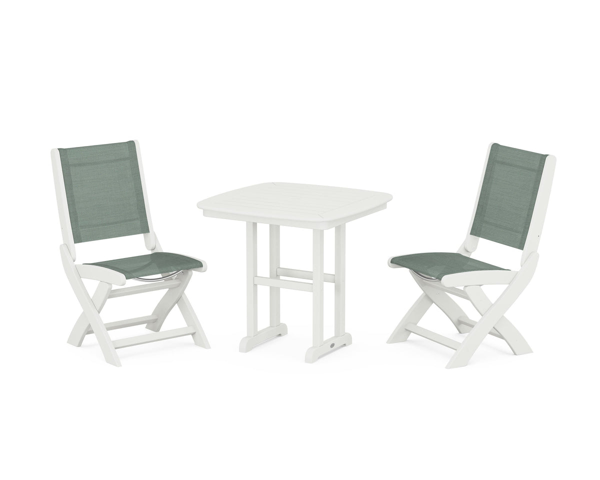 POLYWOOD Coastal Folding Side Chair 3-Piece Dining Set in Vintage White / Dupioni Sea Mist