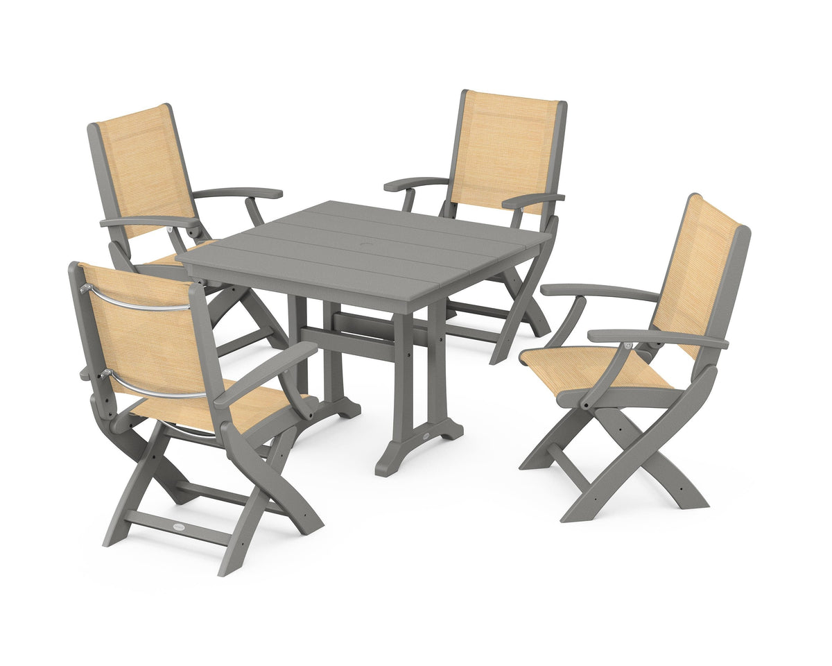 POLYWOOD Coastal Folding Chair 5-Piece Farmhouse Dining Set With Trestle Legs in Slate Grey / Dupioni Apricot