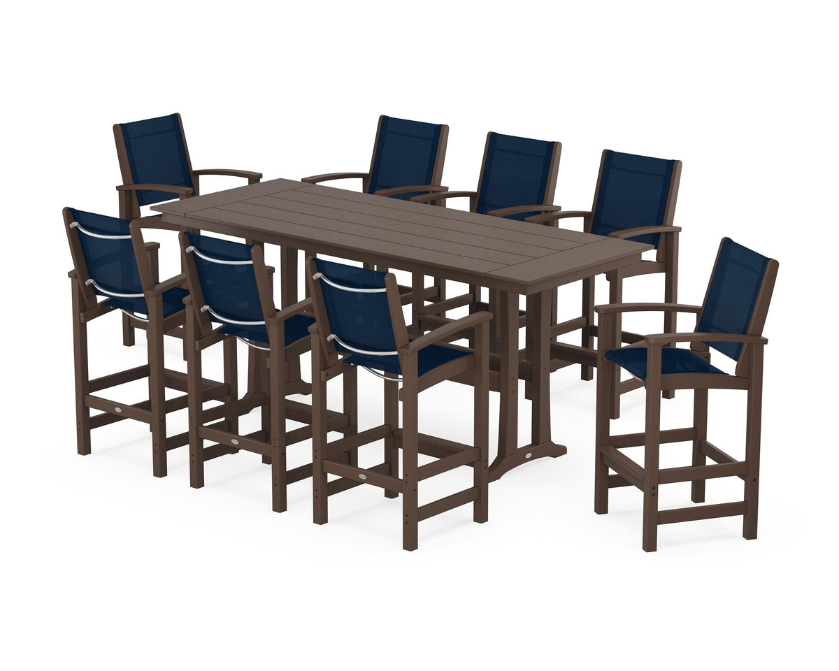 POLYWOOD Coastal 9-Piece Farmhouse Bar Set with Trestle Legs in Mahogany / Navy Blue