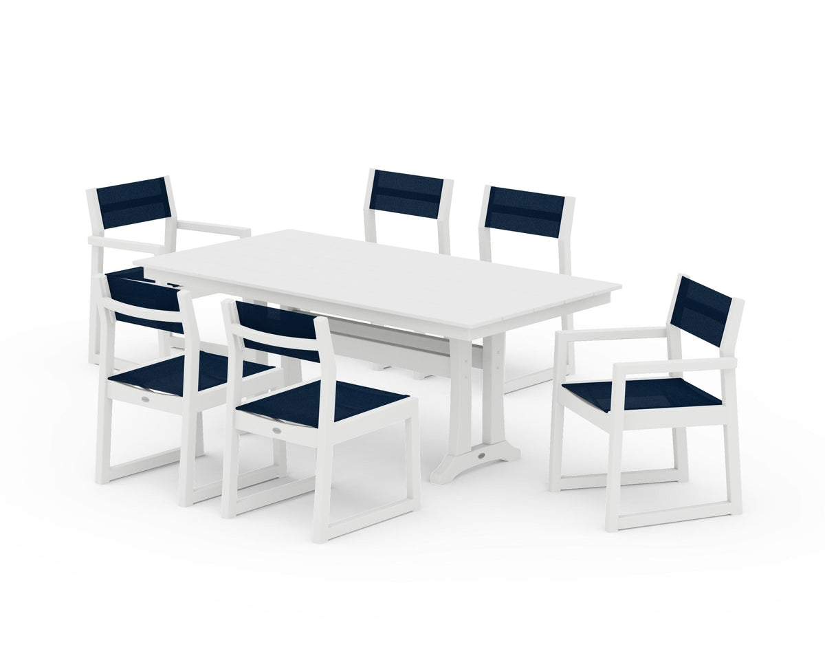 POLYWOOD EDGE Sling 7-Piece Farmhouse Trestle Dining Set in White / Navy Blue