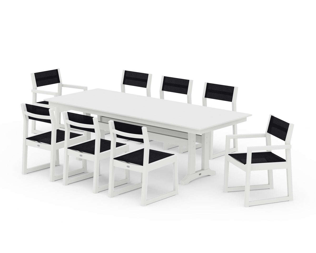 POLYWOOD EDGE Sling 9-Piece Farmhouse Trestle Dining Set in White / Black