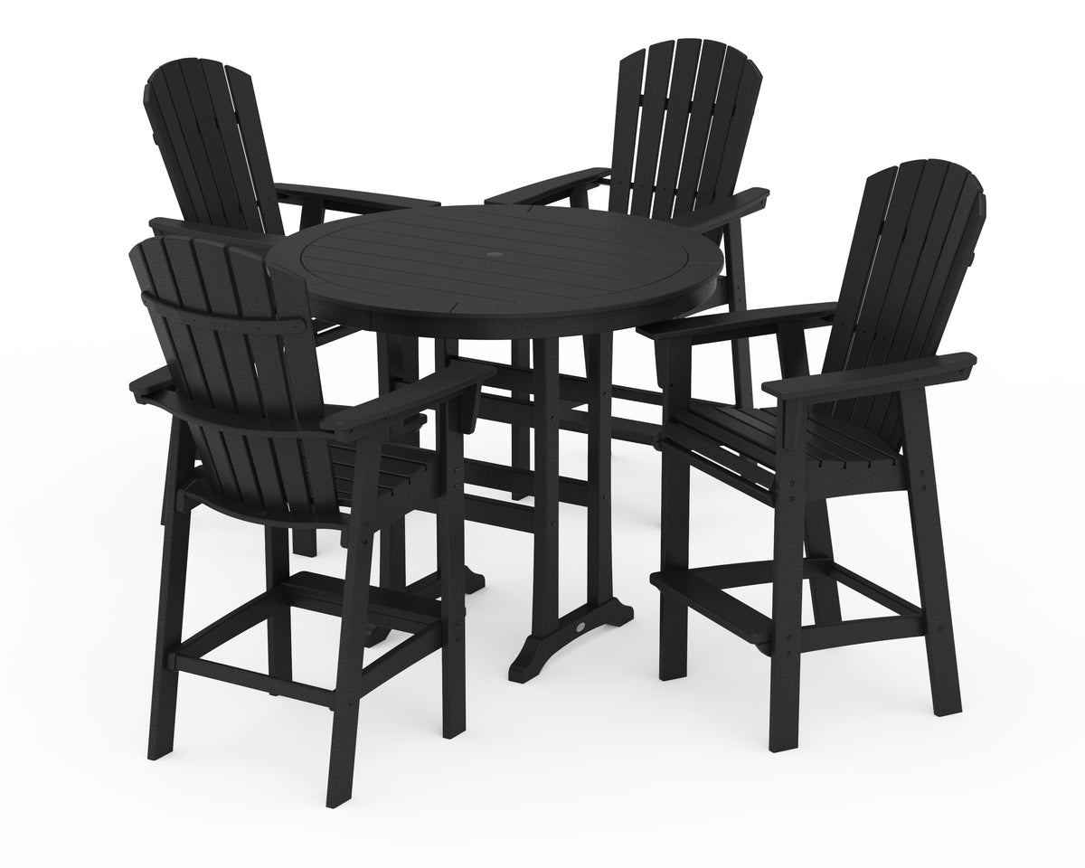 POLYWOOD Nautical Curveback Adirondack 5-Piece Round Trestle Bar Set in Black