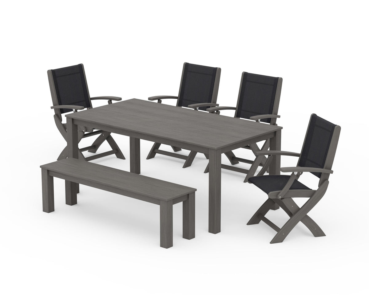 POLYWOOD Coastal Folding Chair 6-Piece Parsons Dining Set with Bench in Driftwood / Black