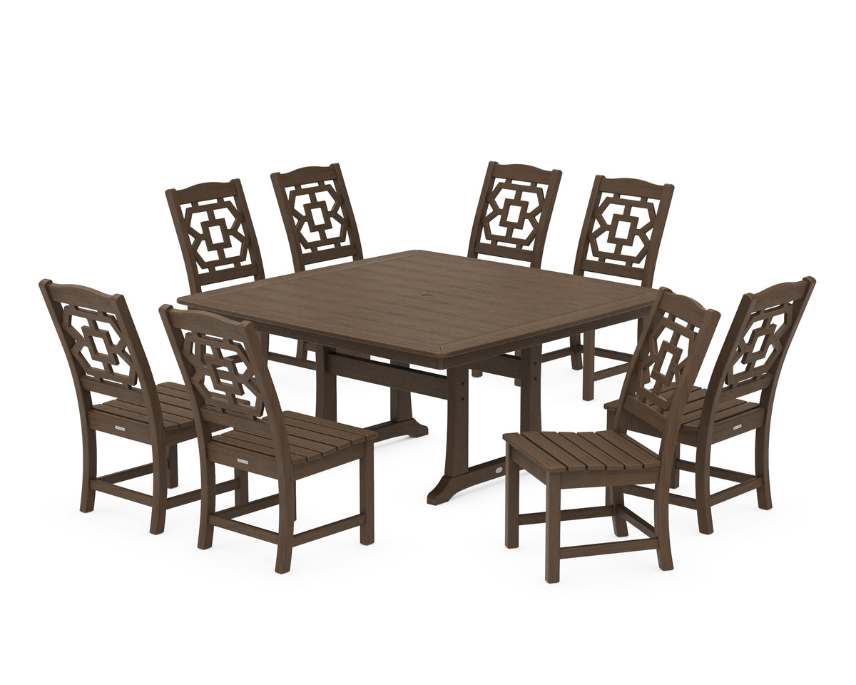 POLYWOOD Chinoiserie 9-Piece Square Side Chair Dining Set with Trestle Legs in Kona