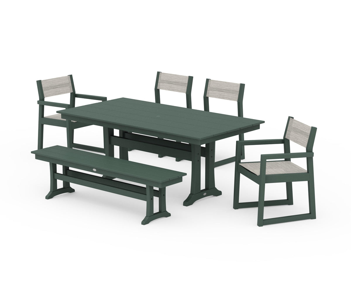 POLYWOOD EDGE Sling 6-Piece Farmhouse Dining Set With Trestle Legs in Green / Birch