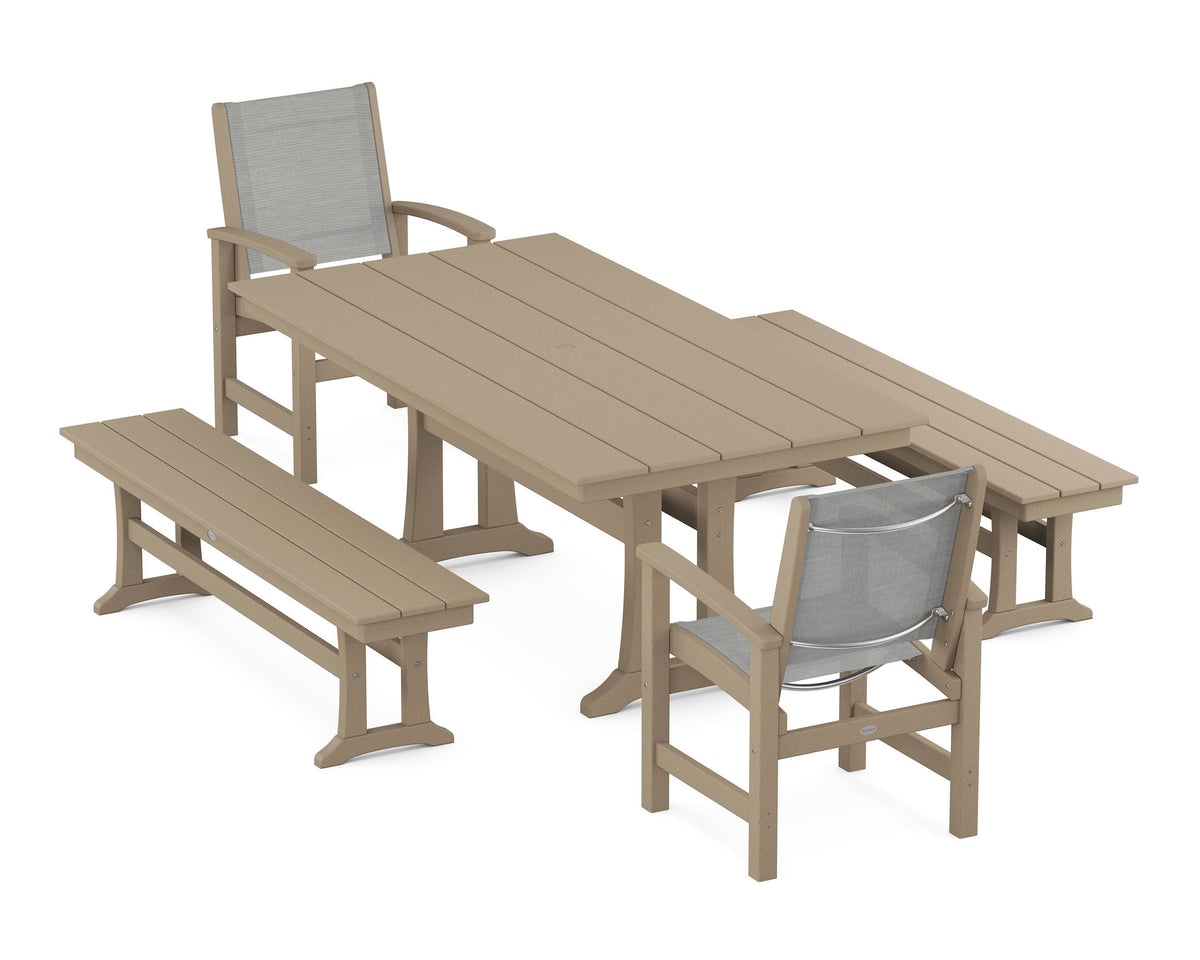 POLYWOOD Coastal 5-Piece Farmhouse Dining Set with Trestle Legs and Benches in Vintage Sahara / Metallic