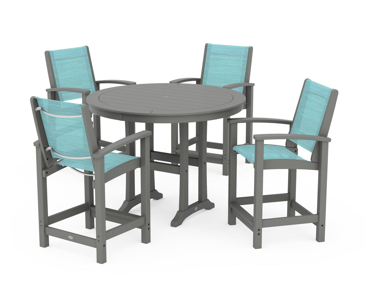 POLYWOOD Coastal 5-Piece Counter Set in Slate Grey / Dupioni Aquamarine