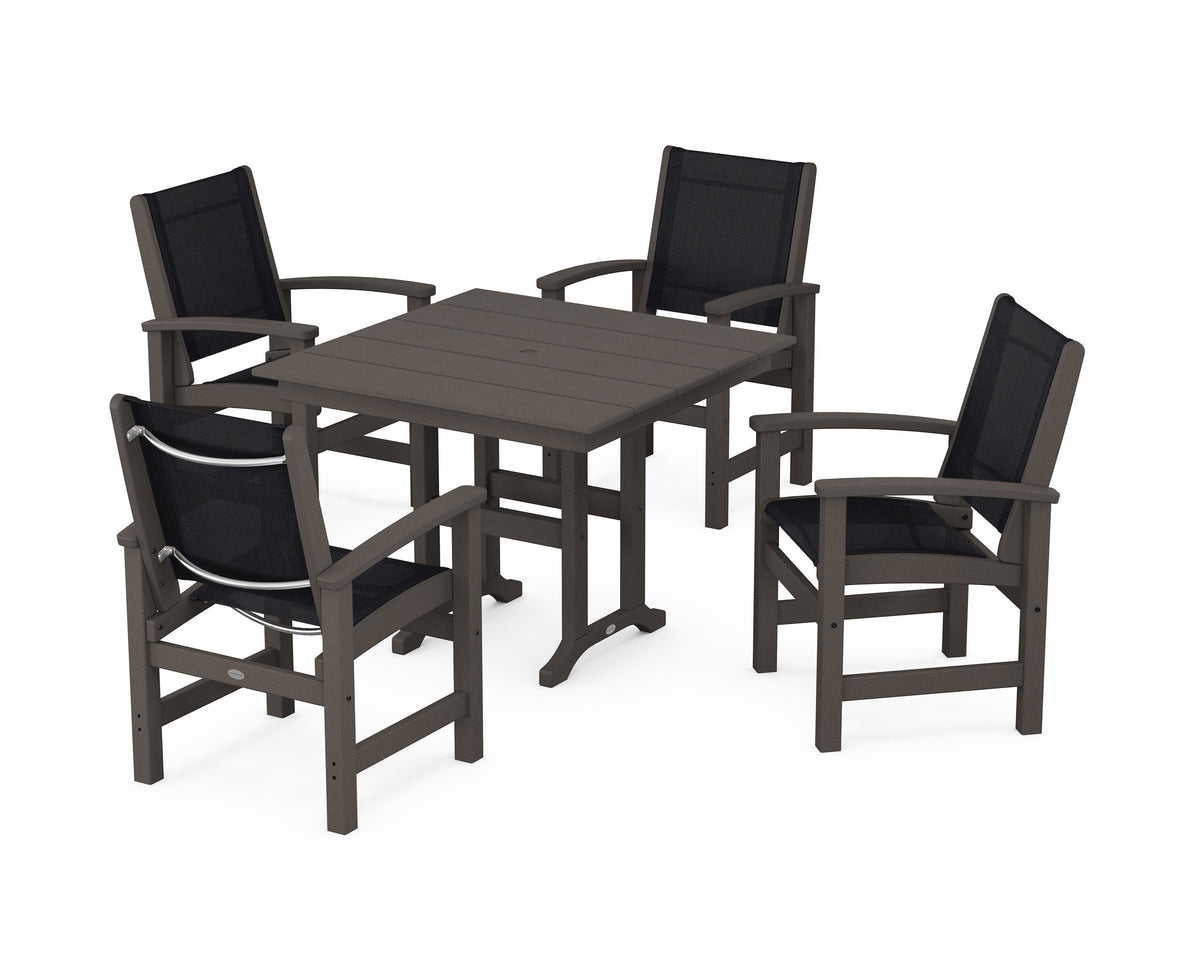 POLYWOOD Coastal 5-Piece Farmhouse Dining Set with Farmhouse 37" Dining Table in Vintage Coffee / Black
