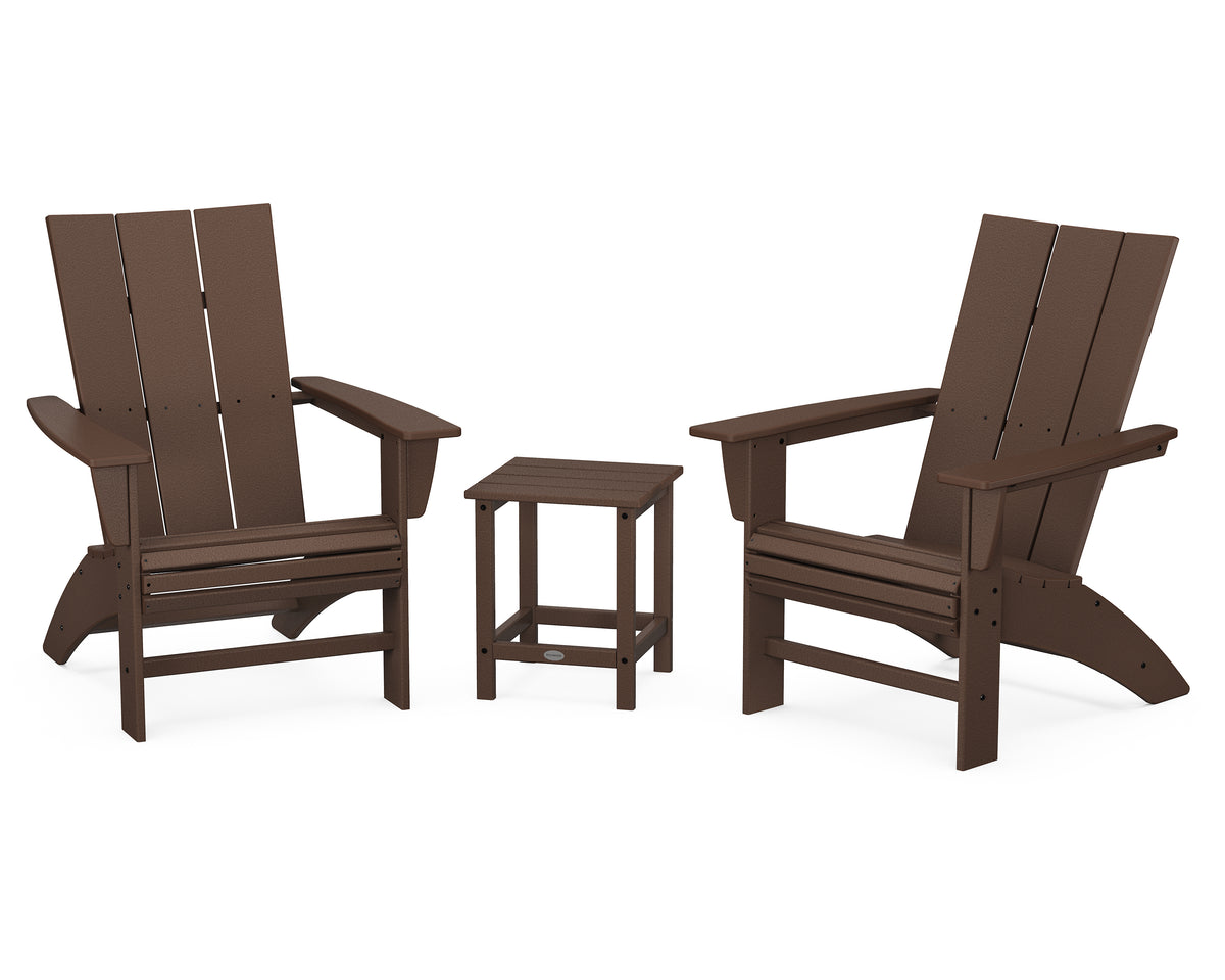 POLYWOOD Modern 3-Piece Curveback Adirondack Set With Long Island 18" Side Table in Mahogany