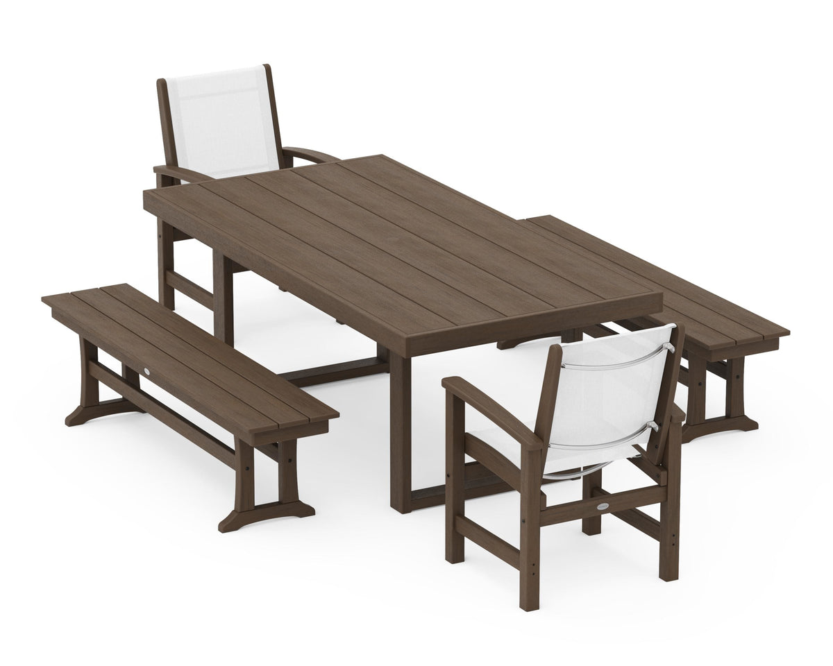 POLYWOOD Coastal 5-Piece Dining Set with Trestle Legs with EDGE 40" x 78" Dining Table in Kona / White