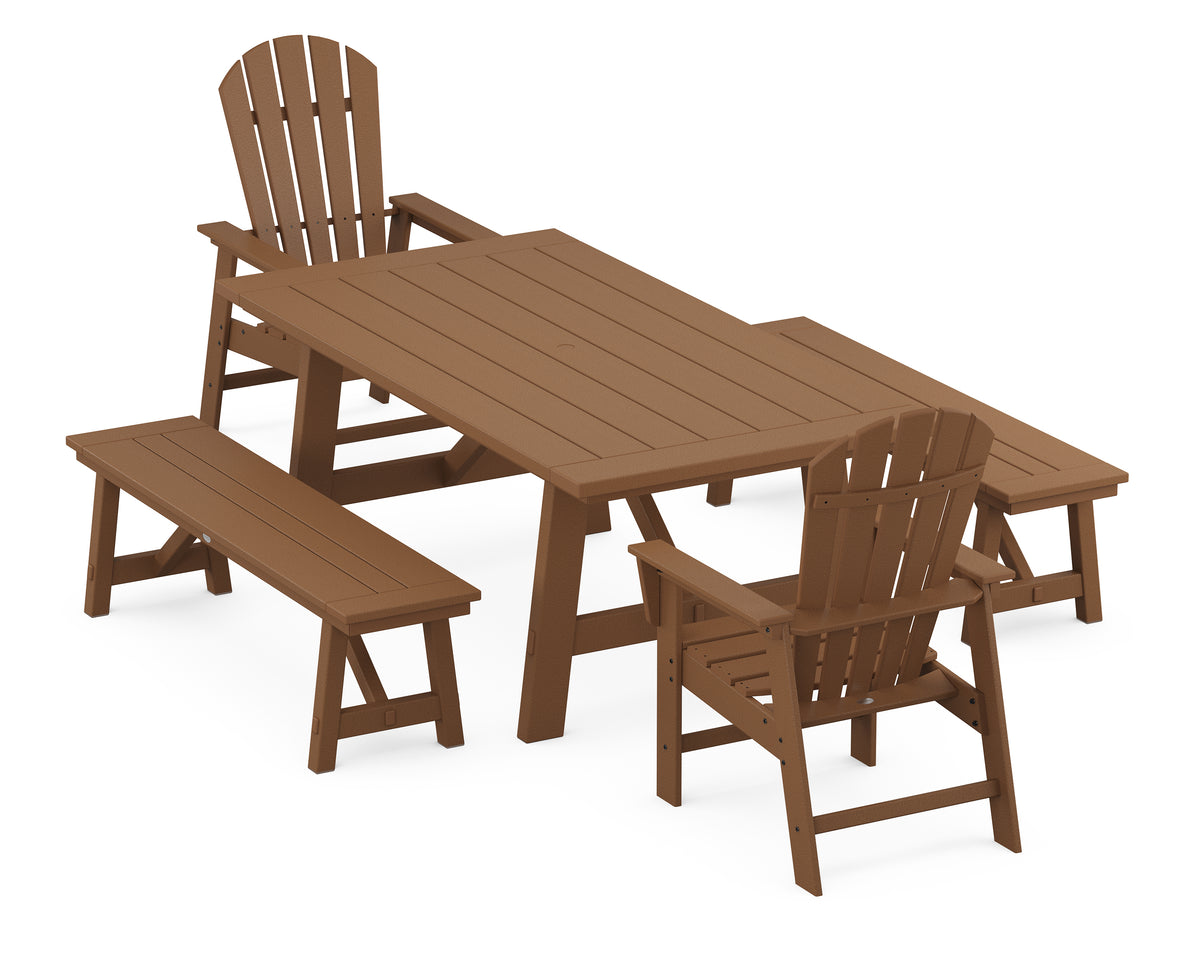 POLYWOOD South Beach 5-Piece Rustic Farmhouse Dining Set with Benches in Teak
