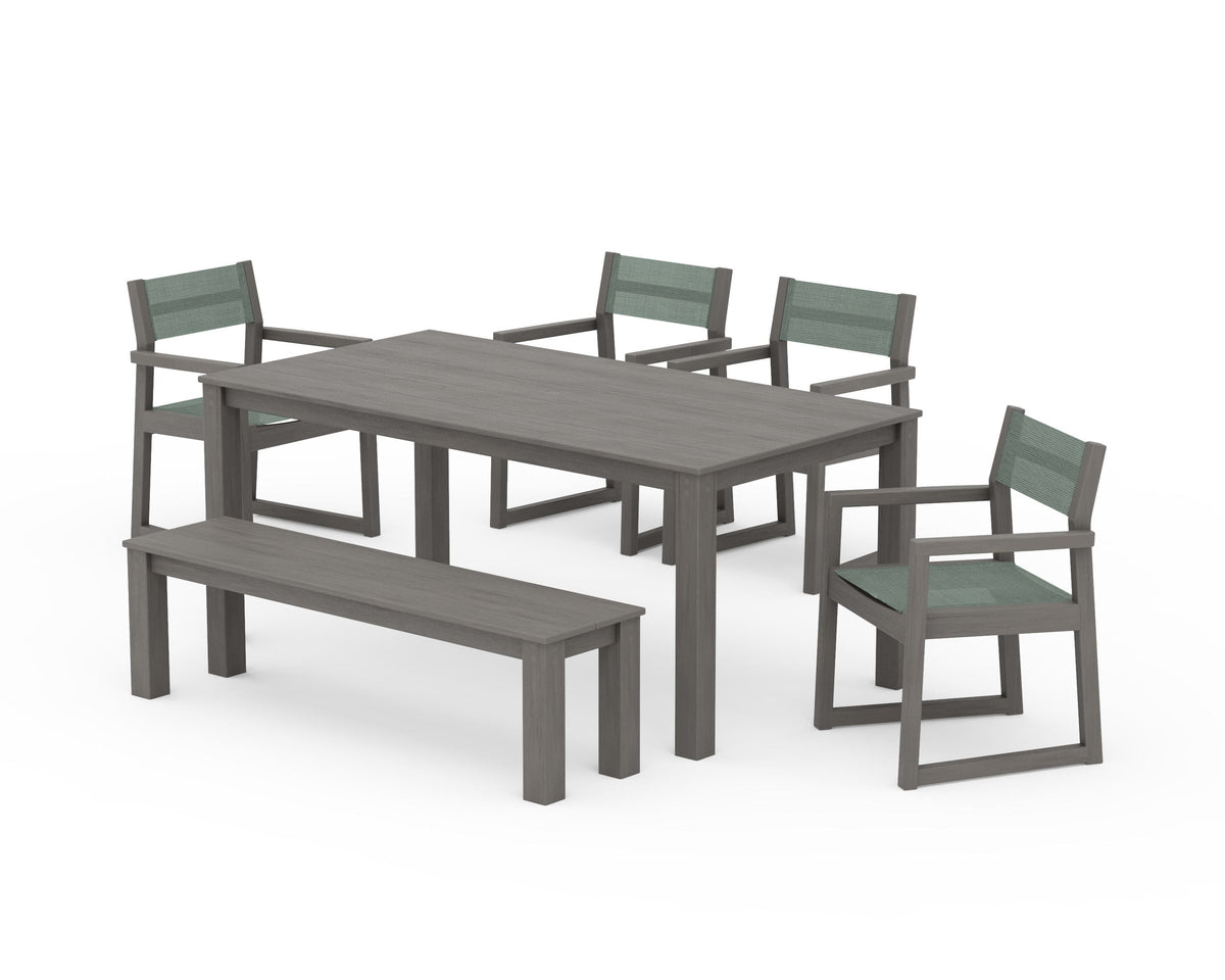 POLYWOOD EDGE Sling Arm Chair 6-Piece Parsons Dining Set with Bench in Driftwood / Dupioni Sea Mist