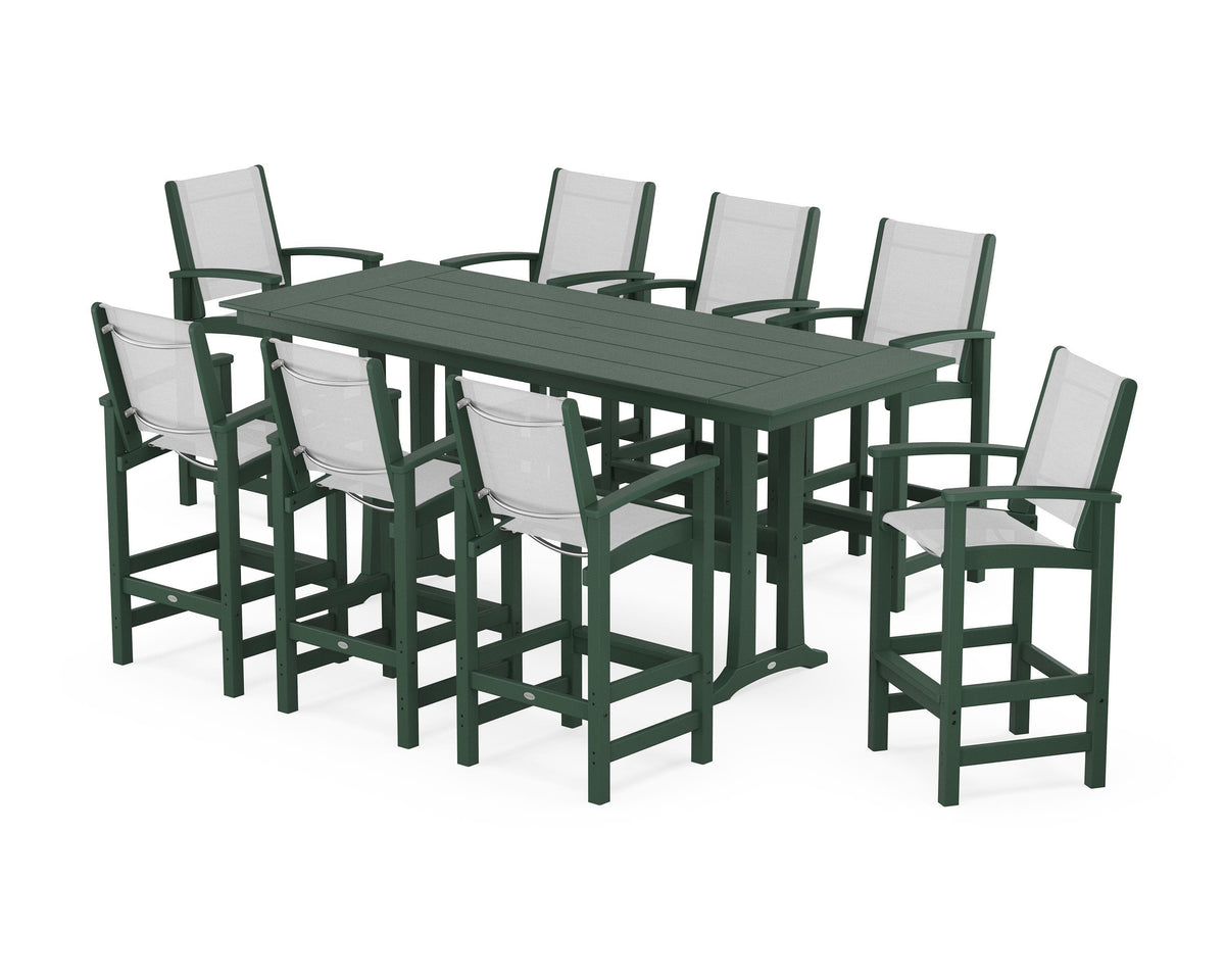 POLYWOOD Coastal 9-Piece Farmhouse Bar Set with Trestle Legs in Green / White