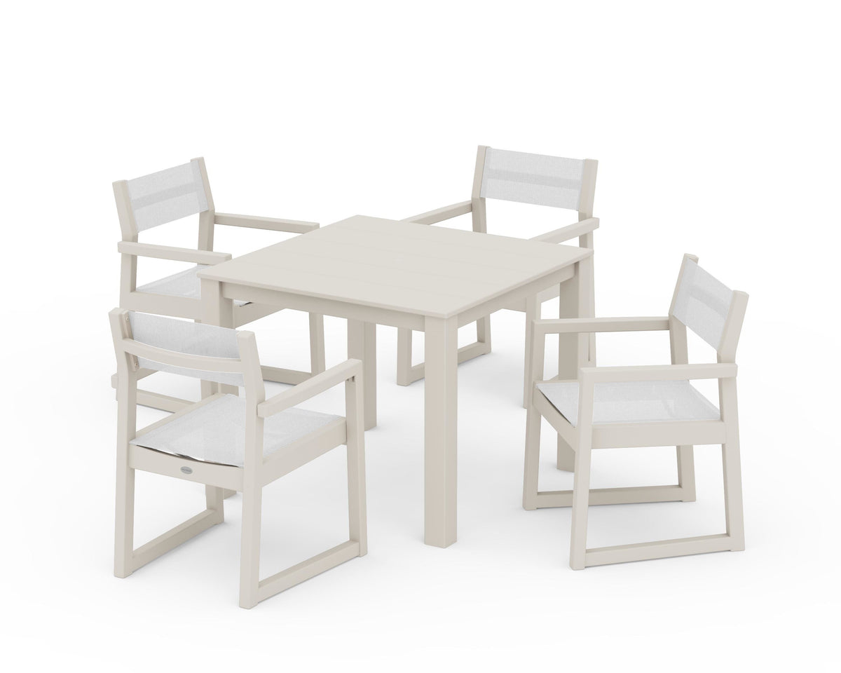 POLYWOOD EDGE Sling Arm Chair 5-Piece Parsons Dining Set in Sand / White