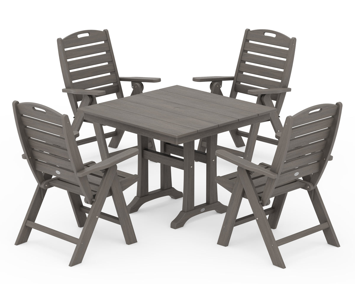POLYWOOD Nautical Folding Highback Chair 5-Piece Farmhouse Trestle Dining Set in Driftwood
