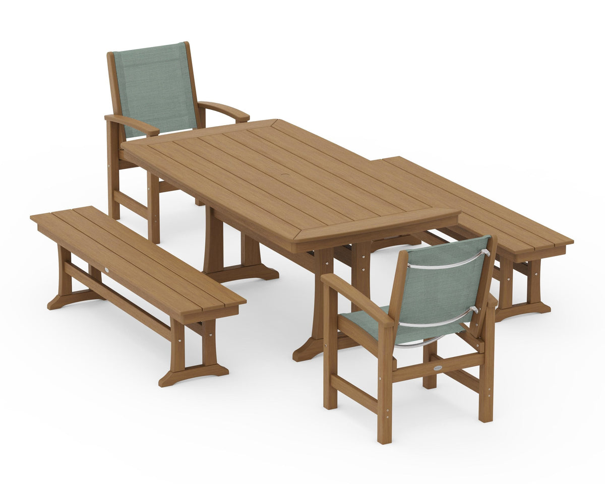 POLYWOOD Coastal 5-Piece Dining Set with Trestle Legs and Benches in Natural / Dupioni Sea Mist