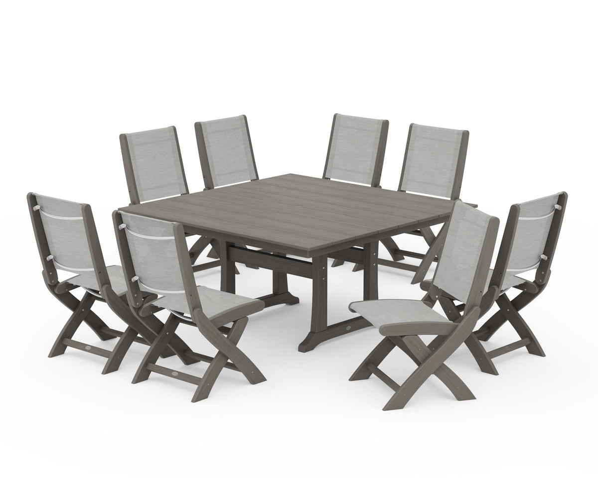 POLYWOOD Coastal Folding Side Chair 9-Piece Farmhouse Dining Set in Driftwood / Metallic