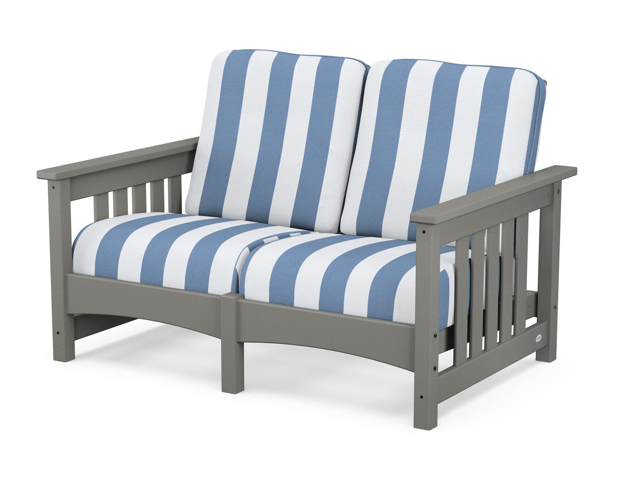 POLYWOOD Club Mission Loveseat in Slate Grey / Cabana Stripe Sky Blue